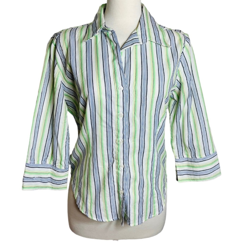 Coupe Blue and Green Striped Button Front Blouse 3/4 Sleeves Women’s Medium